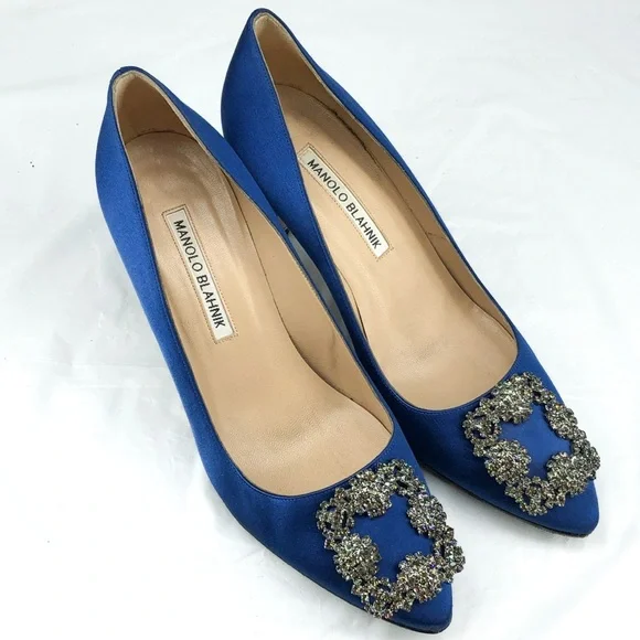 Manolo Blahnik Hangisi 70 Blue Satin Crystal Buckle Pumps 37.5 - Picture 3 of 7